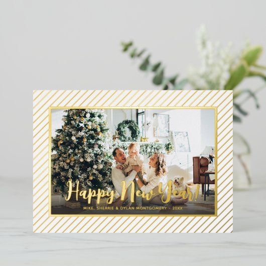  Happy New Year Silver Pinstripe Folie Feestdagenkaart (Staand Voorkant)