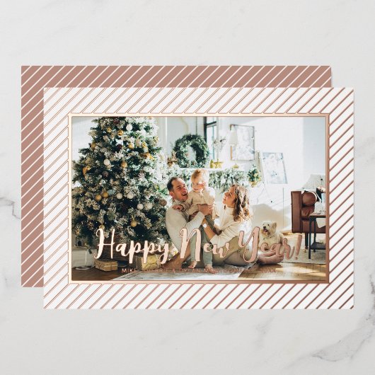  Happy New Year Silver Pinstripe Folie Feestdagenkaart (Voorkant / Achterkant)