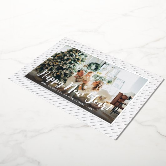  Happy New Year Silver Pinstripe Folie Feestdagenkaart (Gedraaid)