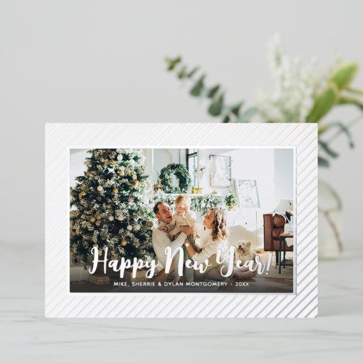  Happy New Year Silver Pinstripe Folie Feestdagenkaart (Staand Voorkant)