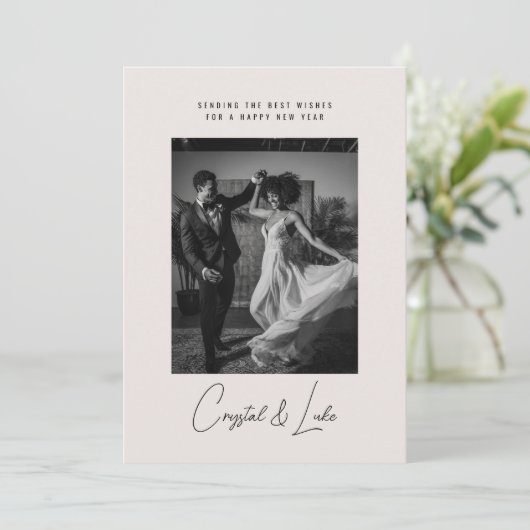 Happy New Year Simple Modern Script One Photo Feestdagenkaart (Staand voorkant)