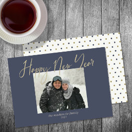 Happy New Year Simple Photo Sage Navy Blue Feestdagenkaart