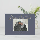 Happy New Year Simple Photo Sage Navy Blue Feestdagenkaart (Staand voorkant)