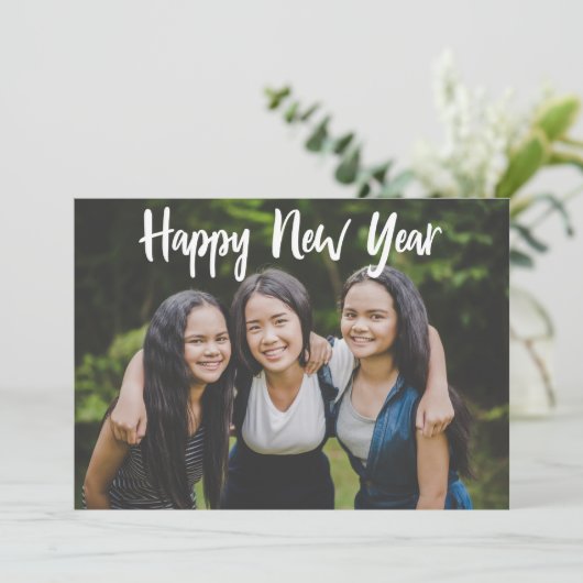 Happy New Year Simple Photo White Script Overlay Feestdagenkaart (Staand voorkant)