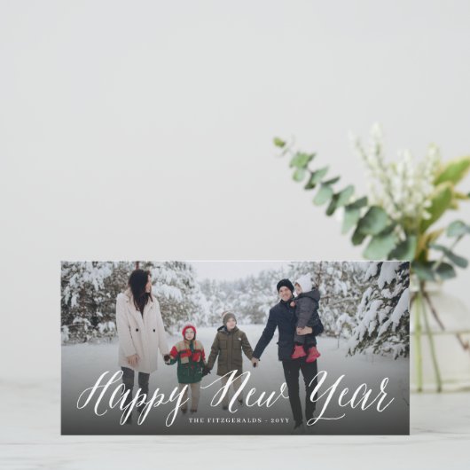 Happy New Year Simple Script Modern Minimal Photo Feestdagenkaart (Staand voorkant)