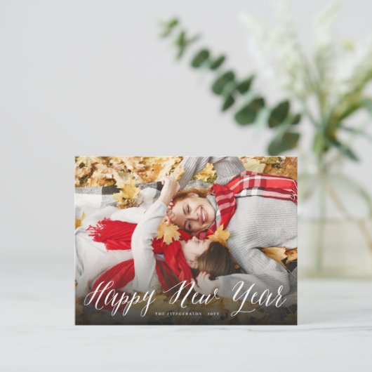 Happy New Year Simple Script Modern Minimal Photo Feestdagenkaart (Staand voorkant)