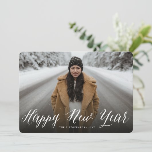 Happy New Year Simple Script Modern Minimal Photo Feestdagenkaart (Staand voorkant)