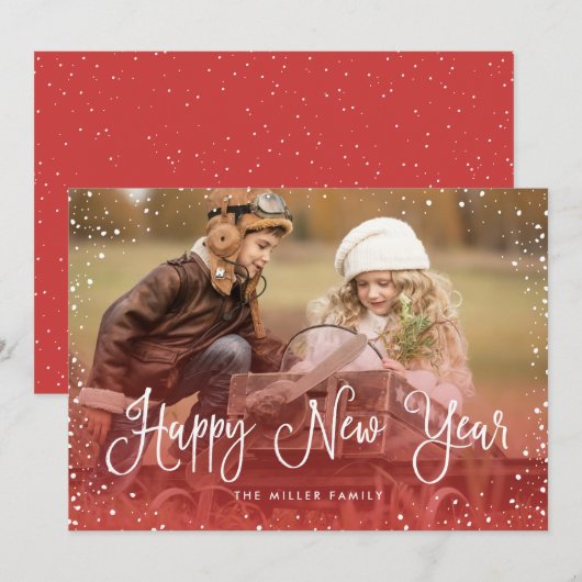 Happy New Year Sneeuwfoto Feestdagenkaart (Voorkant / Achterkant)