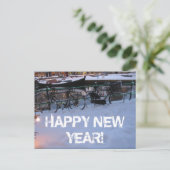 Happy New Year Snow Bicycles Postcard Feestdagenkaart (Staand voorkant)