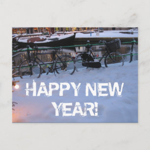 Happy New Year Snow Bicycles Postcard Feestdagenkaart