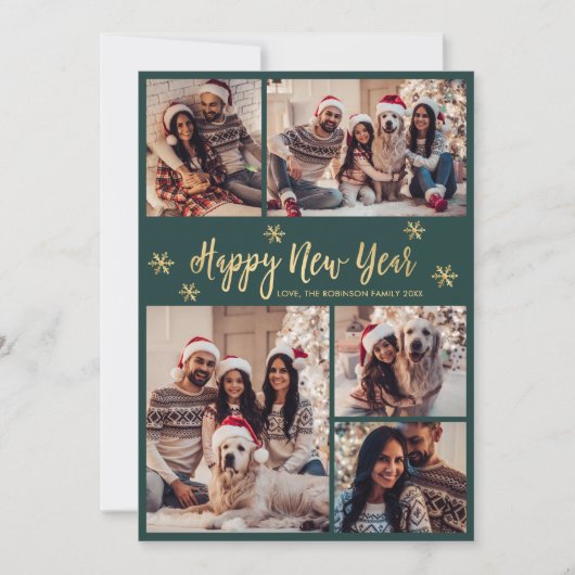 Happy New Year Snowflake Green Gold Photo Collage Feestdagenkaart (Voorkant)