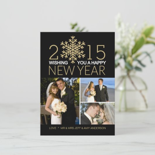 Happy New Year Snowflake Holiday Tri-Photo Collage Feestdagenkaart (Staand voorkant)