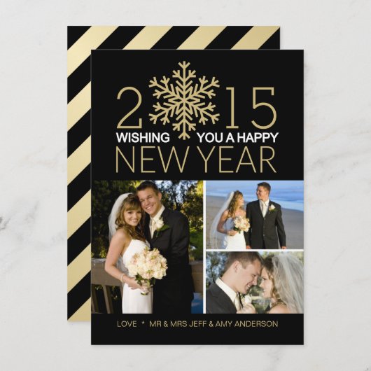 Happy New Year Snowflake Holiday Tri-Photo Collage Feestdagenkaart (Voorkant / Achterkant)