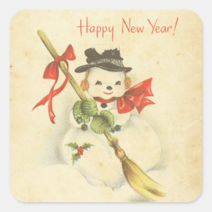 Happy New Year  Snowman Red Bow Holly Broom Vierkante Sticker