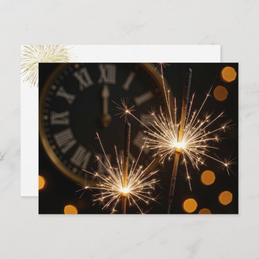 Happy New Year Sparklers On a Midnight Clock Briefkaart (Voorkant / Achterkant)