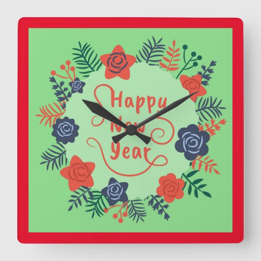 HAPPY NEW YEAR SQUARE WALL CLOCK VIERKANTE KLOK (Voorkant)