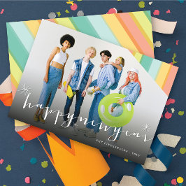 Happy New Year Stars en Colorful Stripes Foto Feestdagenkaart