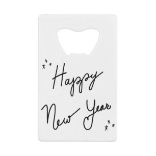 Happy New Year sticker typografie, minimale inkt Creditkaart Flessenopener