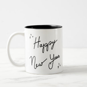 Happy New Year sticker typografie, minimale inkt Tweekleurige Koffiemok