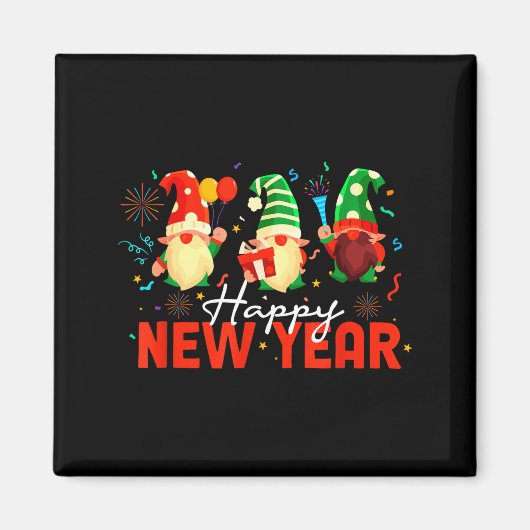 Happy New Year Three Gnomes Fireworks Confetti Nye Magneet (Voorkant)