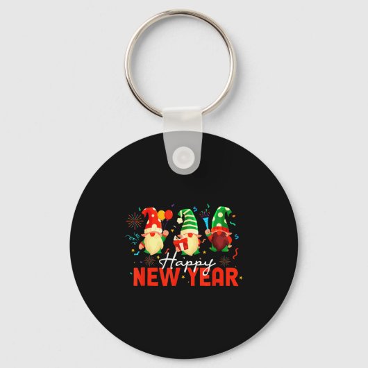 Happy New Year Three Gnomes Fireworks Confetti Nye Sleutelhanger (Voorkant)