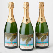 Happy New Year Tropical Beach Custom Bottle-labels Sparkling Wijnetiket (Flessen)