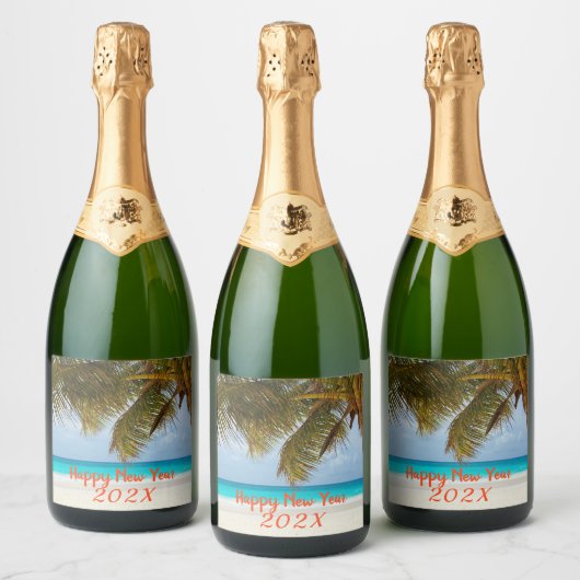 Happy New Year Tropical Beach Custom Bottle-labels Sparkling Wijnetiket (Flessen)