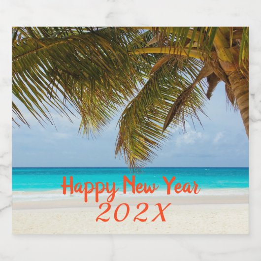 Happy New Year Tropical Beach Custom Bottle-labels Sparkling Wijnetiket (Enkel label)
