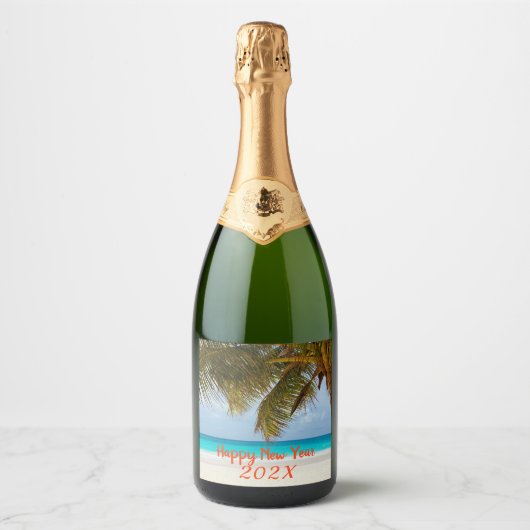 Happy New Year Tropical Beach Custom Bottle-labels Sparkling Wijnetiket (Voorkant)