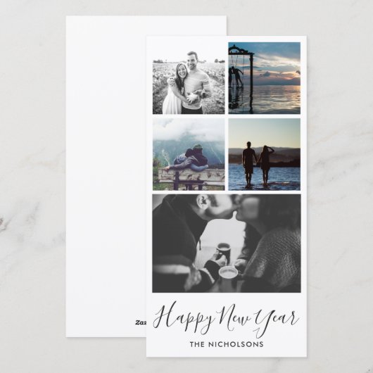 Happy New Year Typografie Vijf Fotocollage Feestdagenkaart (Voorkant / Achterkant)