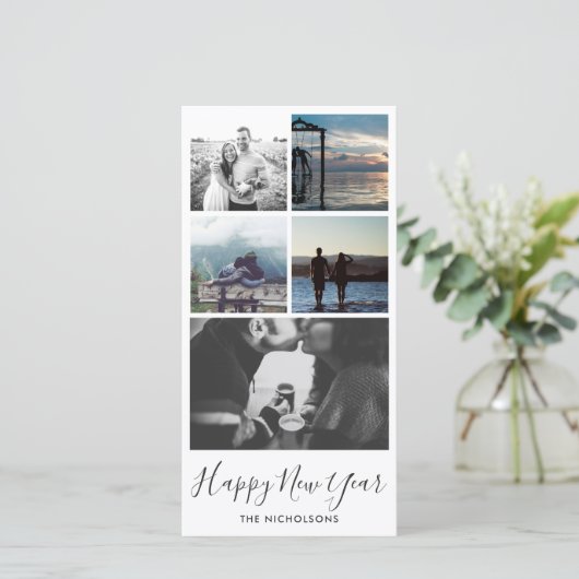 Happy New Year Typografie Vijf Fotocollage Feestdagenkaart (Staand voorkant)