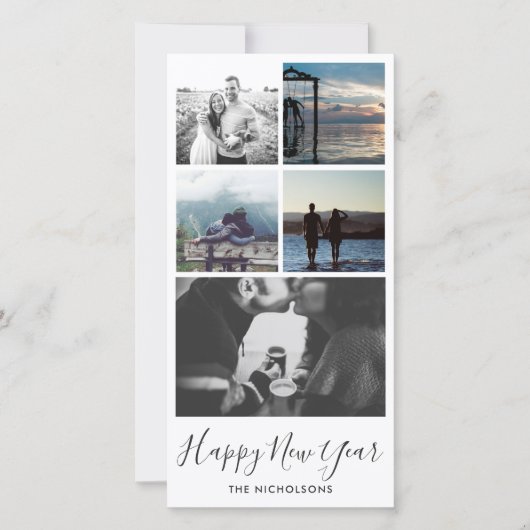 Happy New Year Typografie Vijf Fotocollage Feestdagenkaart (Voorkant)