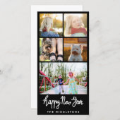 Happy New Year Typografie Vijf Fotocollage Feestdagenkaart (Voorkant / Achterkant)