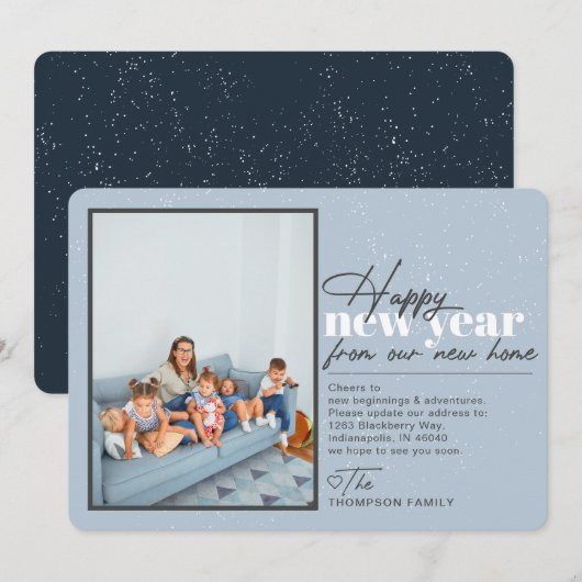 Happy New Year Verplaatsende Aankondiging Blauwe F (Voorkant / Achterkant)