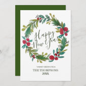 Happy New Year Waterverf Floral Wreate Notitiekaartje (Voorkant / Achterkant)