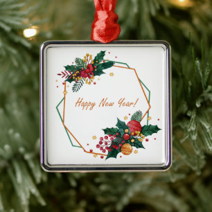 Happy New Year Waterverf Geometric Lijst Metalen Ornament