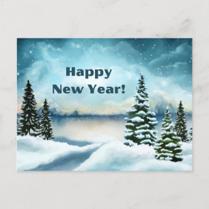 Happy New Year Winter Snow Forest Scene Feestdagenkaart