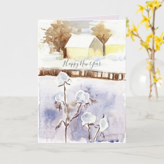 Happy New Year Winter Snow House Kaart (Gele Bloem)