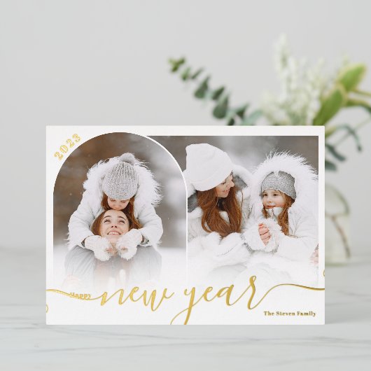 Happy New Year zwarte 2 fotobootbedekking collage Folie Feestdagenkaart (Staand Voorkant)
