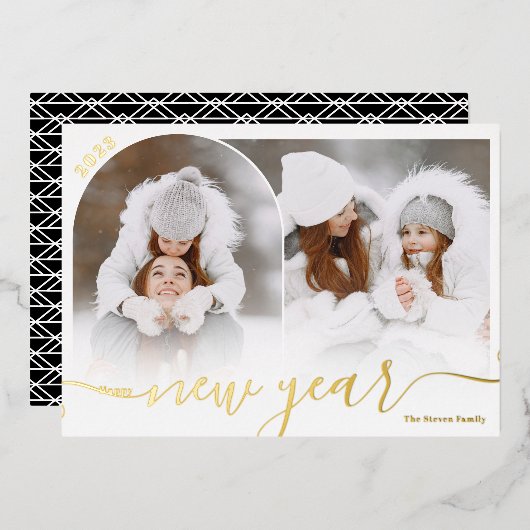 Happy New Year zwarte 2 fotobootbedekking collage Folie Feestdagenkaart (Voorkant / Achterkant)