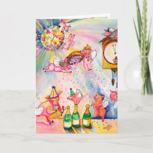 Happy New Year's Card Flying Pig Feestdagen Kaart