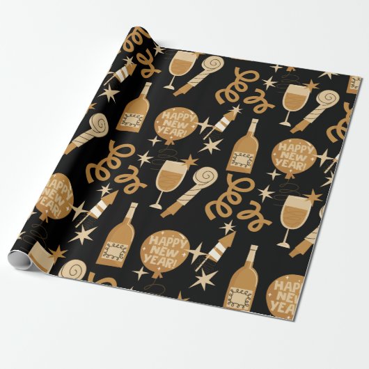 Happy New Year's Eve Gold en Black Cadeaupapier (Uitgerold)
