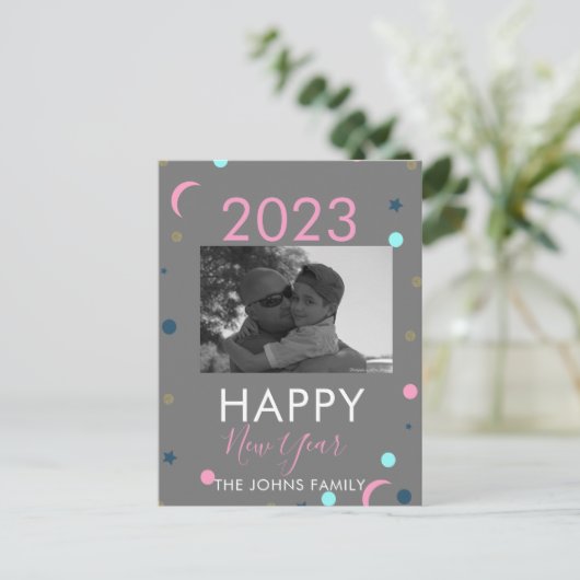 Happy New Years Pastel Confetti Foto Briefkaart (Staand voorkant)