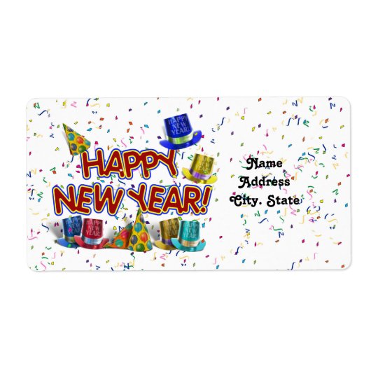 Happy New Years Tekst met partijPetten & Confetti Etiket (Voorkant)