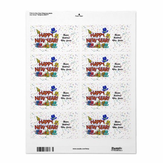 Happy New Years Tekst met partijPetten & Confetti Etiket (Full Sheet)