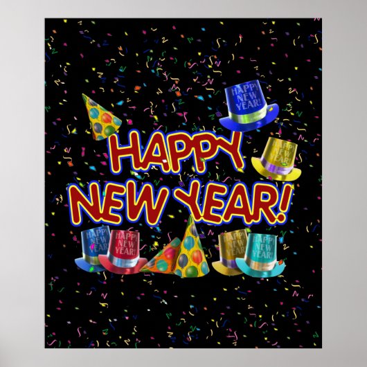 Happy New Years Tekst met partijPetten & Confetti Poster (Voorkant)