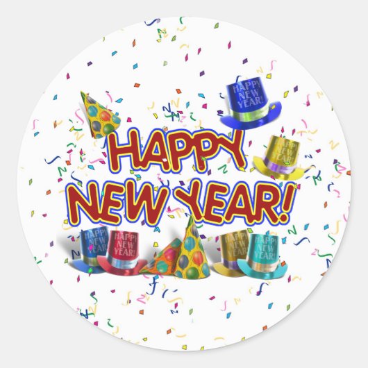 Happy New Years Tekst met partijPetten & Confetti Ronde Sticker (Voorkant)