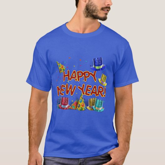 Happy New Years Text w/Party Hats & Confetti T-shirt (Voorkant)