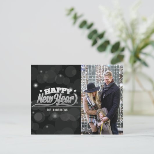 Happy New Years Typografie | Foto | Zwarte Bokeh Briefkaart (Staand voorkant)
