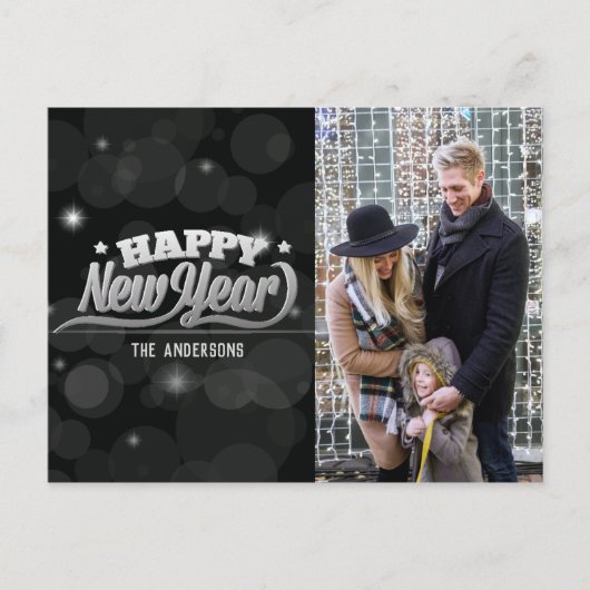 Happy New Years Typografie | Foto | Zwarte Bokeh Briefkaart (Voorkant)